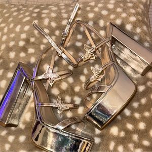 Silver Chunky Platform Butterfly Bling Strap Heels